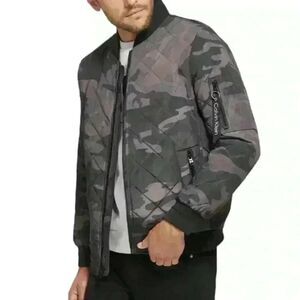 Calvin Klein Quilted Bomber Jacket S Camo Diamond Stitch Full Zip Pockets NWT